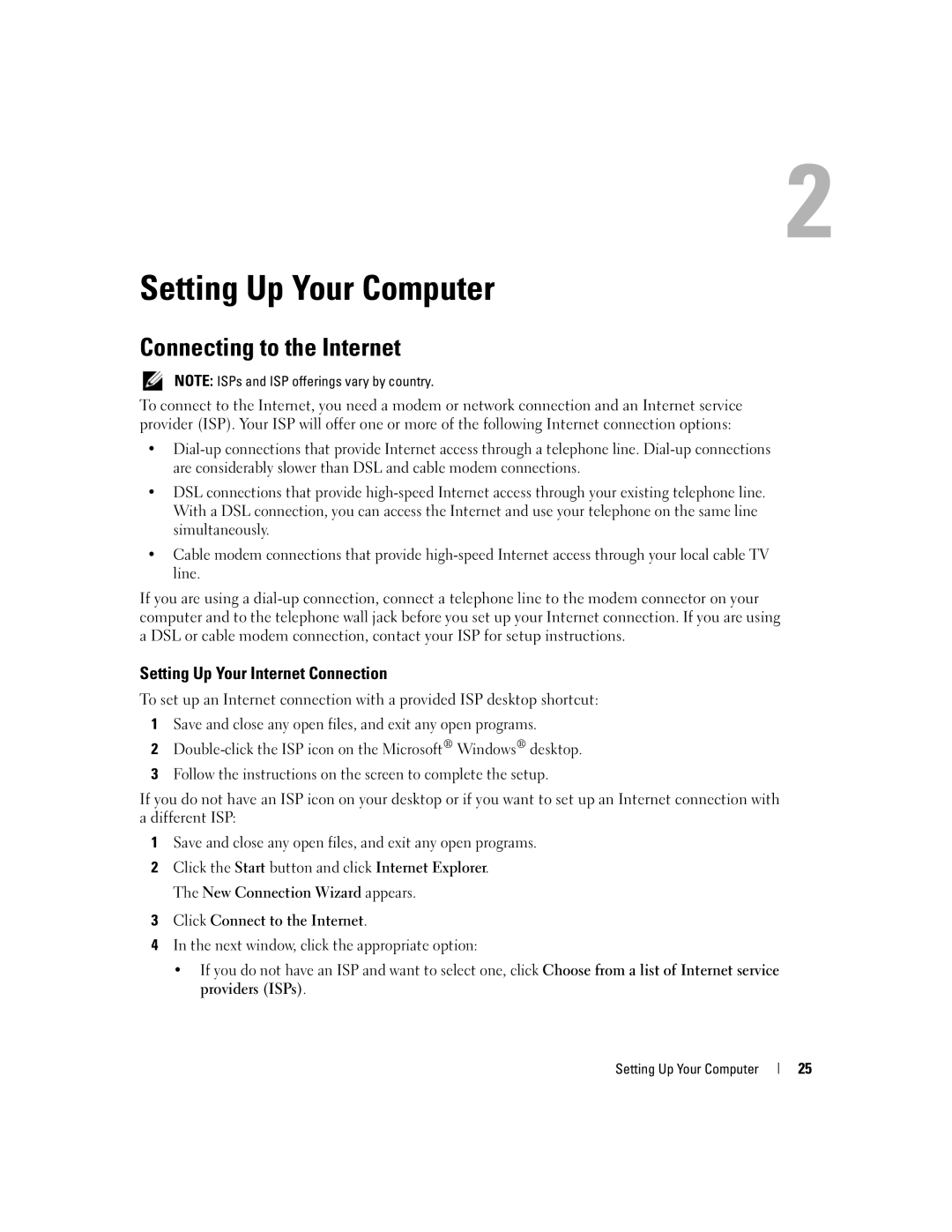 Dell E1505, 6400 owner manual Setting Up Your Computer, Connecting to the Internet, Setting Up Your Internet Connection 