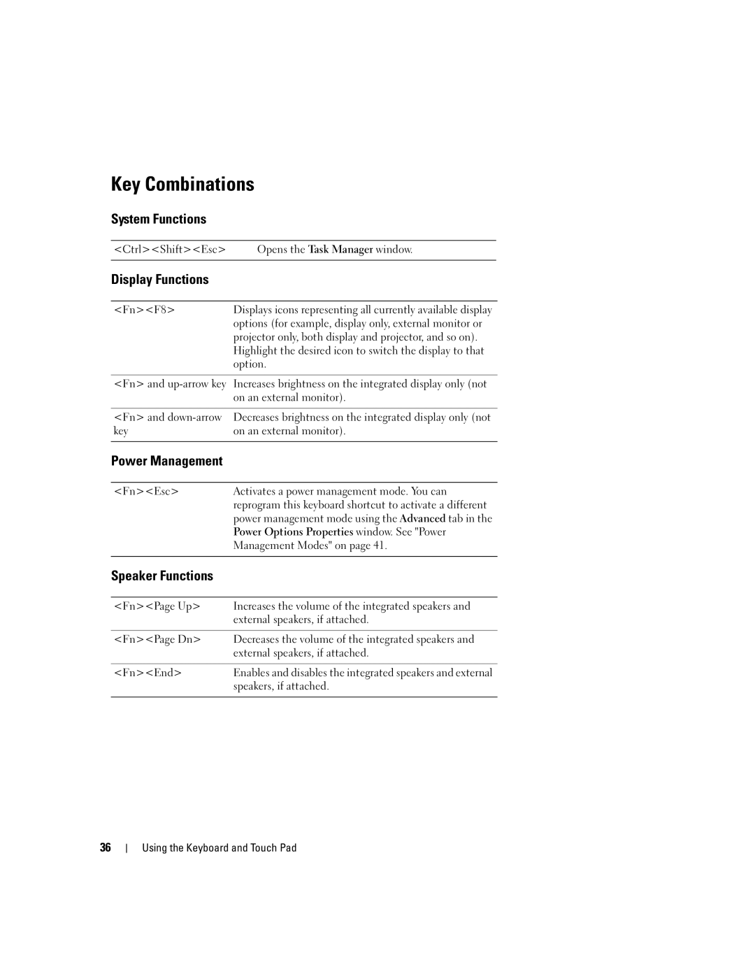 Dell 6400, E1505 owner manual Key Combinations, System Functions, Display Functions, Power Management, Speaker Functions 