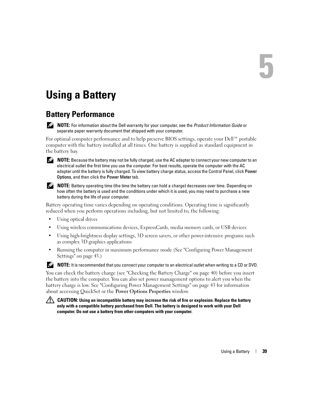 Dell E1505, 6400 owner manual Using a Battery, Battery Performance 