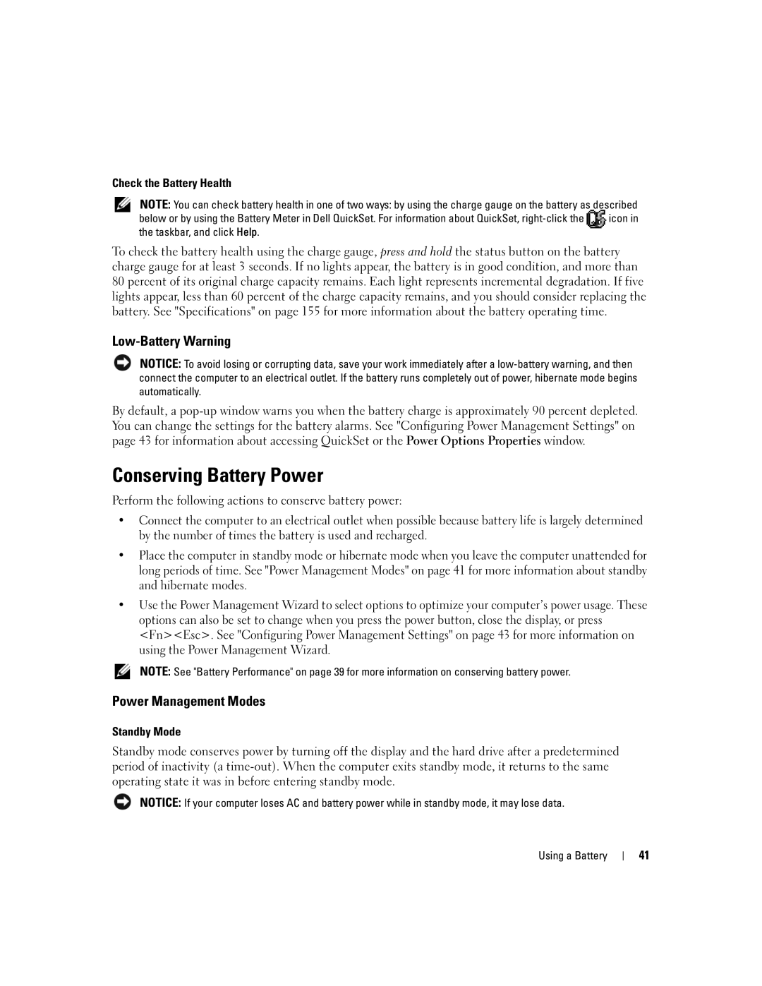 Dell E1505 Conserving Battery Power, Low-Battery Warning, Power Management Modes, Check the Battery Health, Standby Mode 