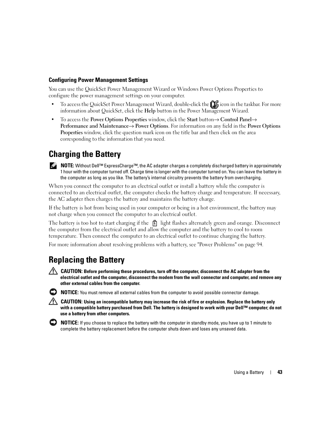 Dell E1505, 6400 owner manual Charging the Battery, Replacing the Battery, Configuring Power Management Settings 