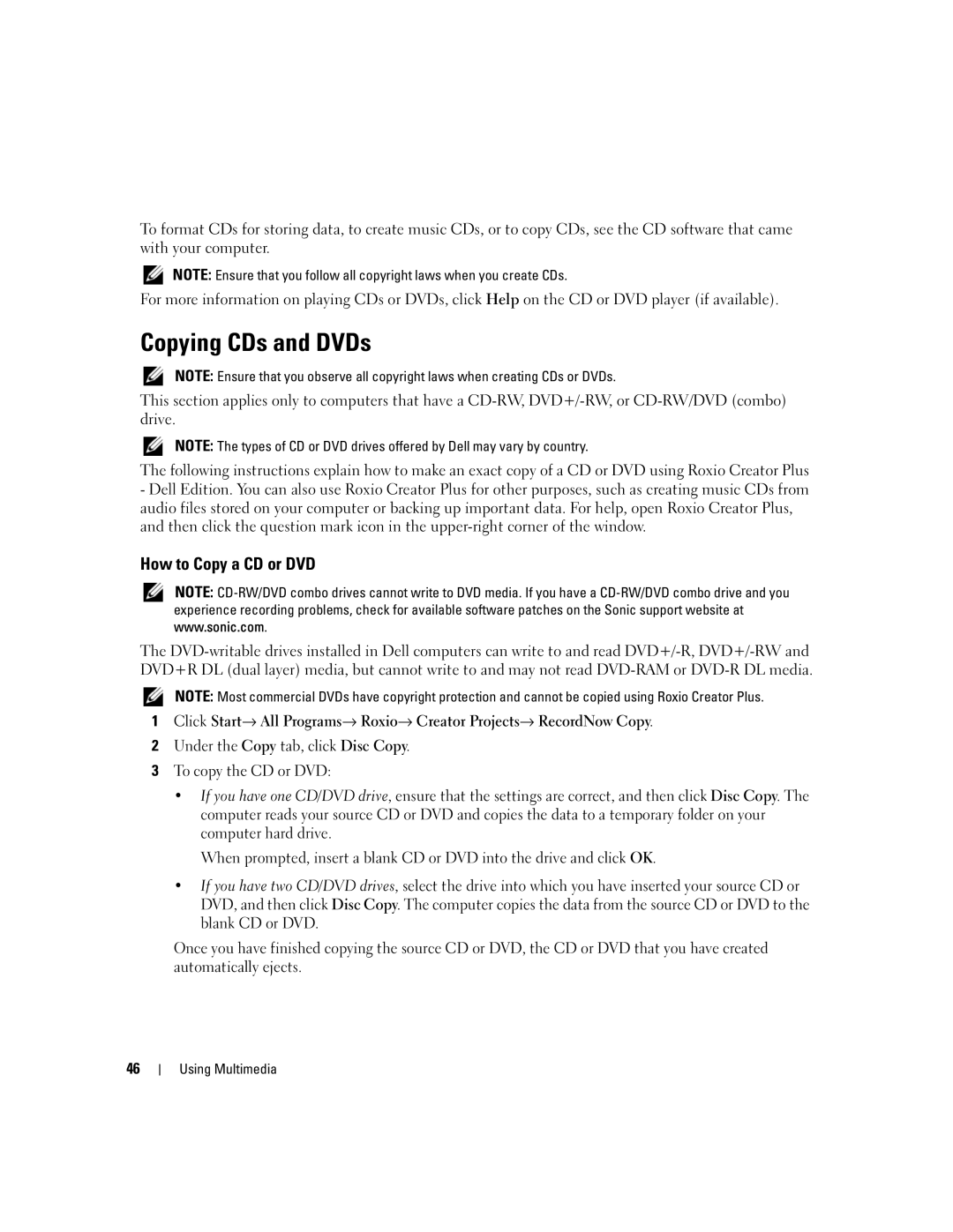 Dell 6400, E1505 owner manual Copying CDs and DVDs, How to Copy a CD or DVD 