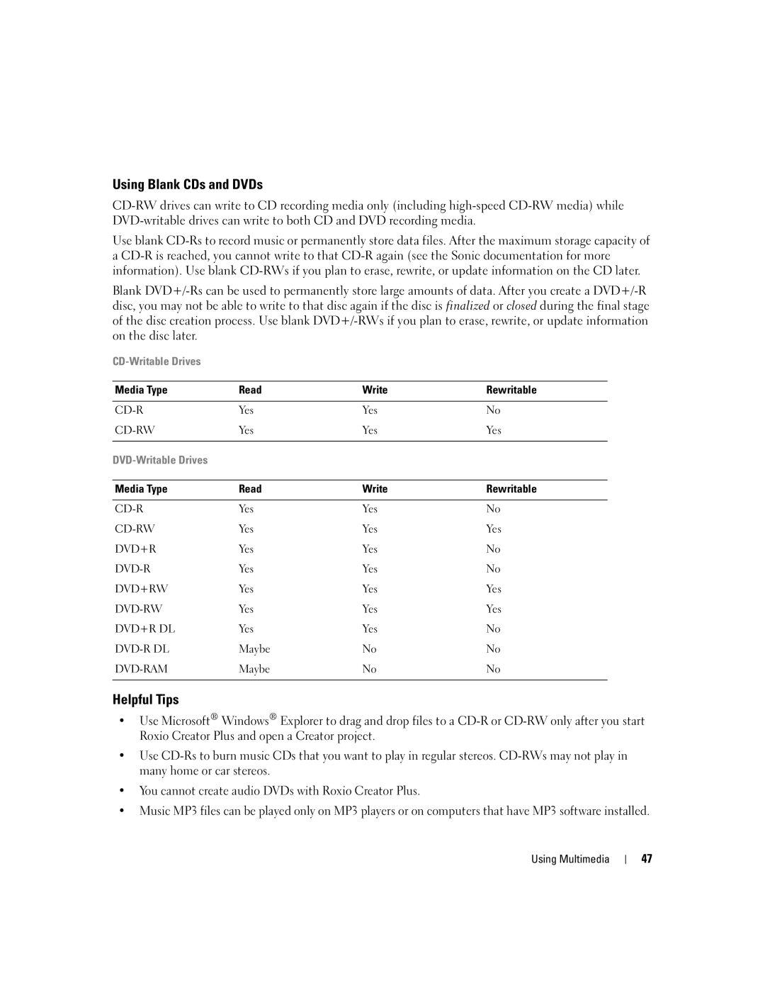 Dell E1505, 6400 owner manual Using Blank CDs and DVDs, Helpful Tips, Media Type Read Write Rewritable 