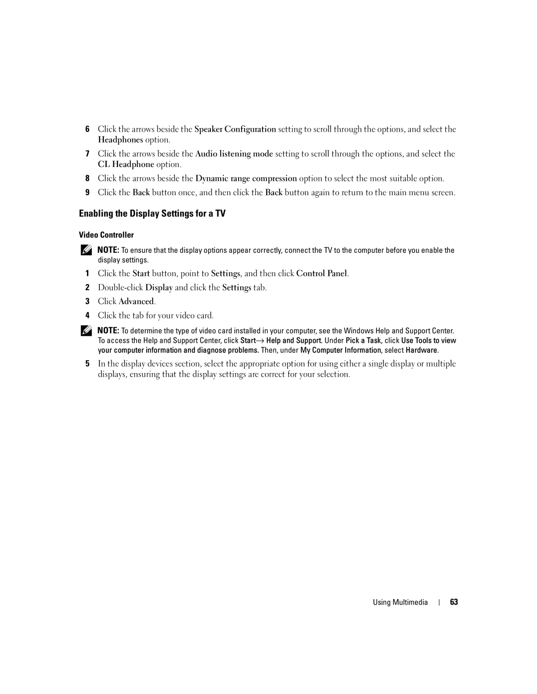 Dell E1505, 6400 owner manual Enabling the Display Settings for a TV 