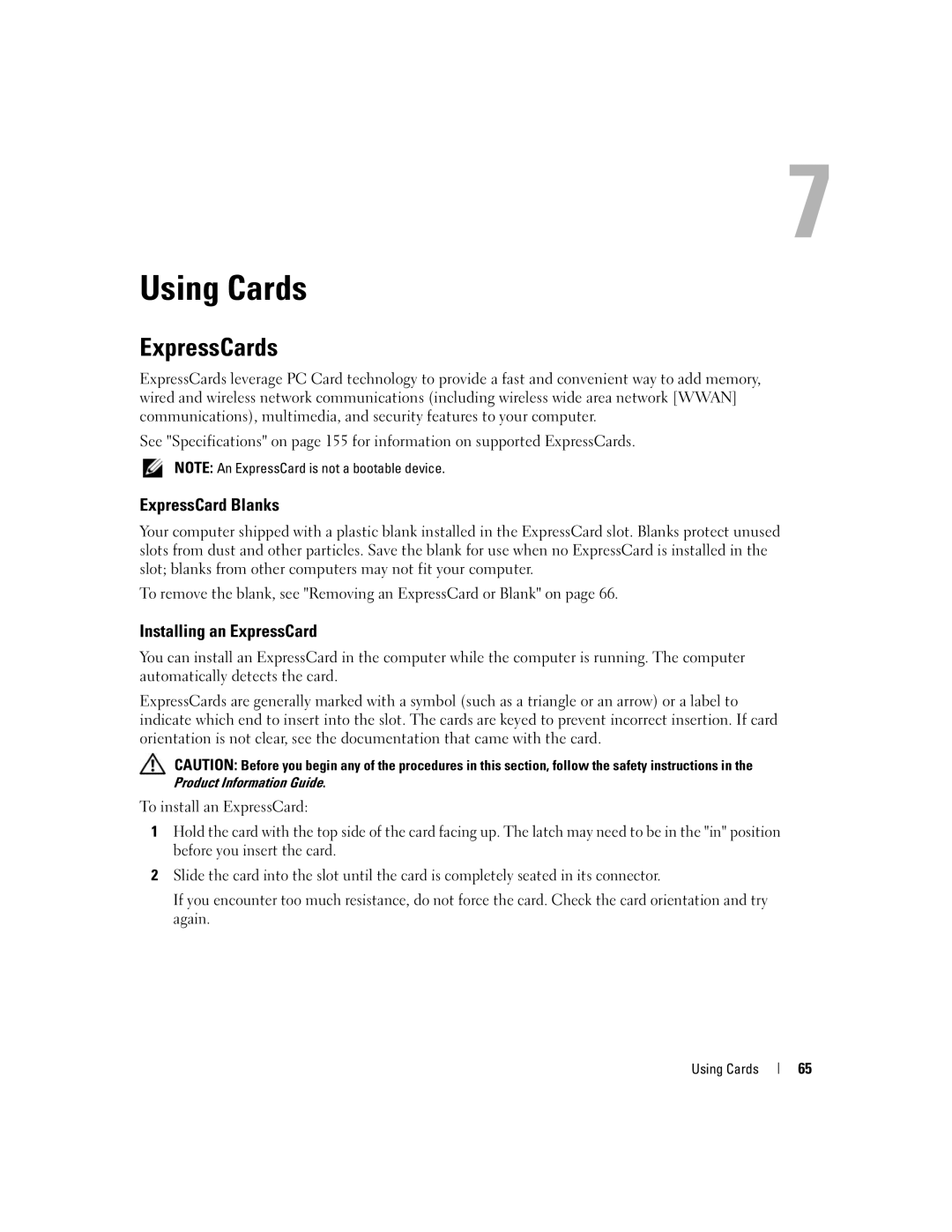 Dell E1505, 6400 owner manual Using Cards, ExpressCards, ExpressCard Blanks, Installing an ExpressCard 