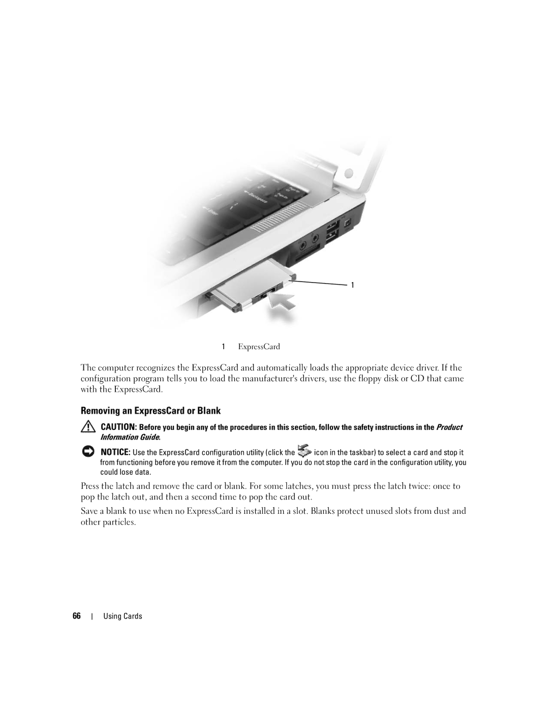 Dell 6400, E1505 owner manual Removing an ExpressCard or Blank 