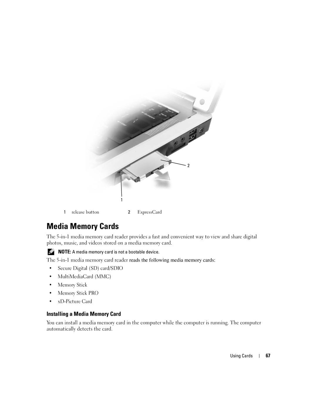 Dell E1505, 6400 owner manual Media Memory Cards, Installing a Media Memory Card 