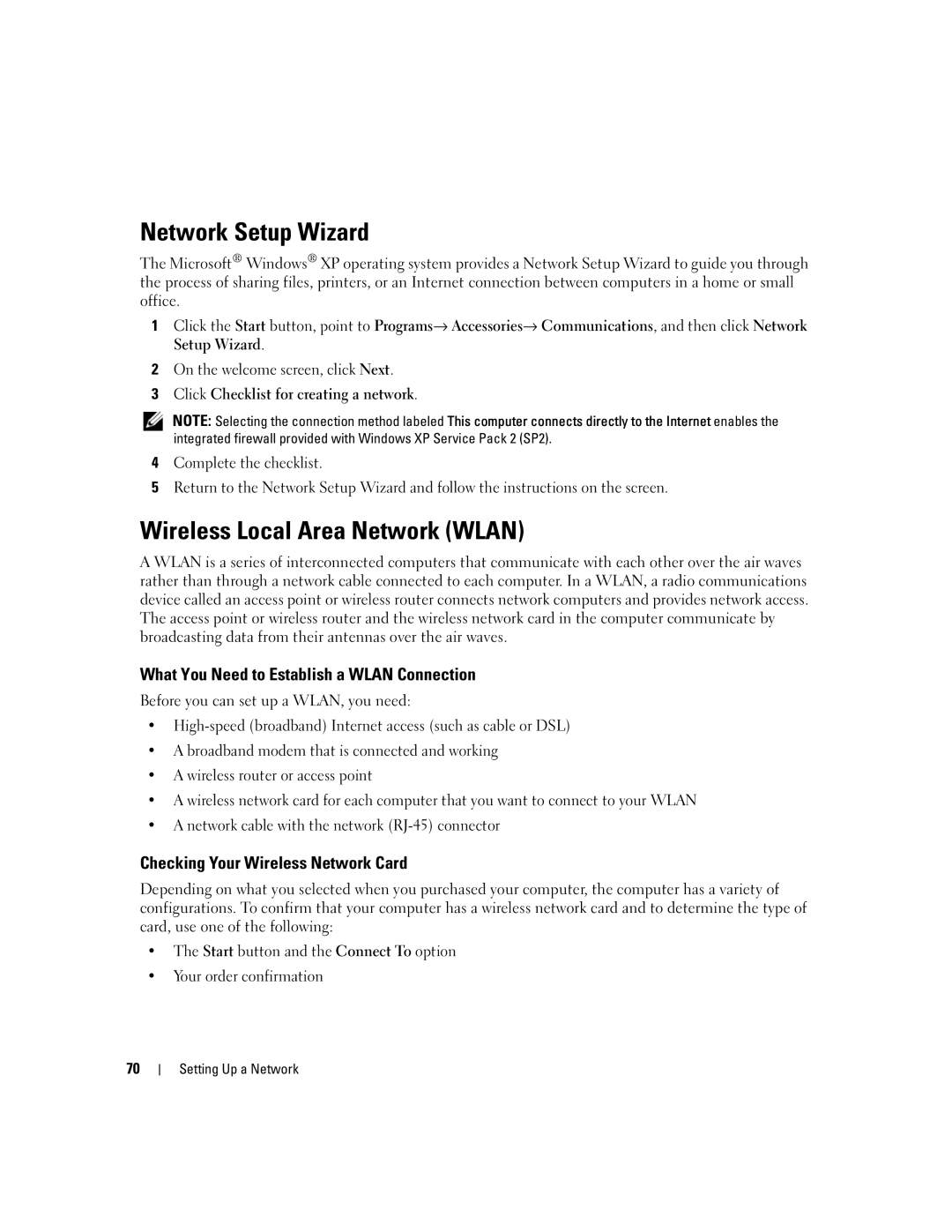 Dell 6400, E1505 Network Setup Wizard, Wireless Local Area Network Wlan, What You Need to Establish a Wlan Connection 