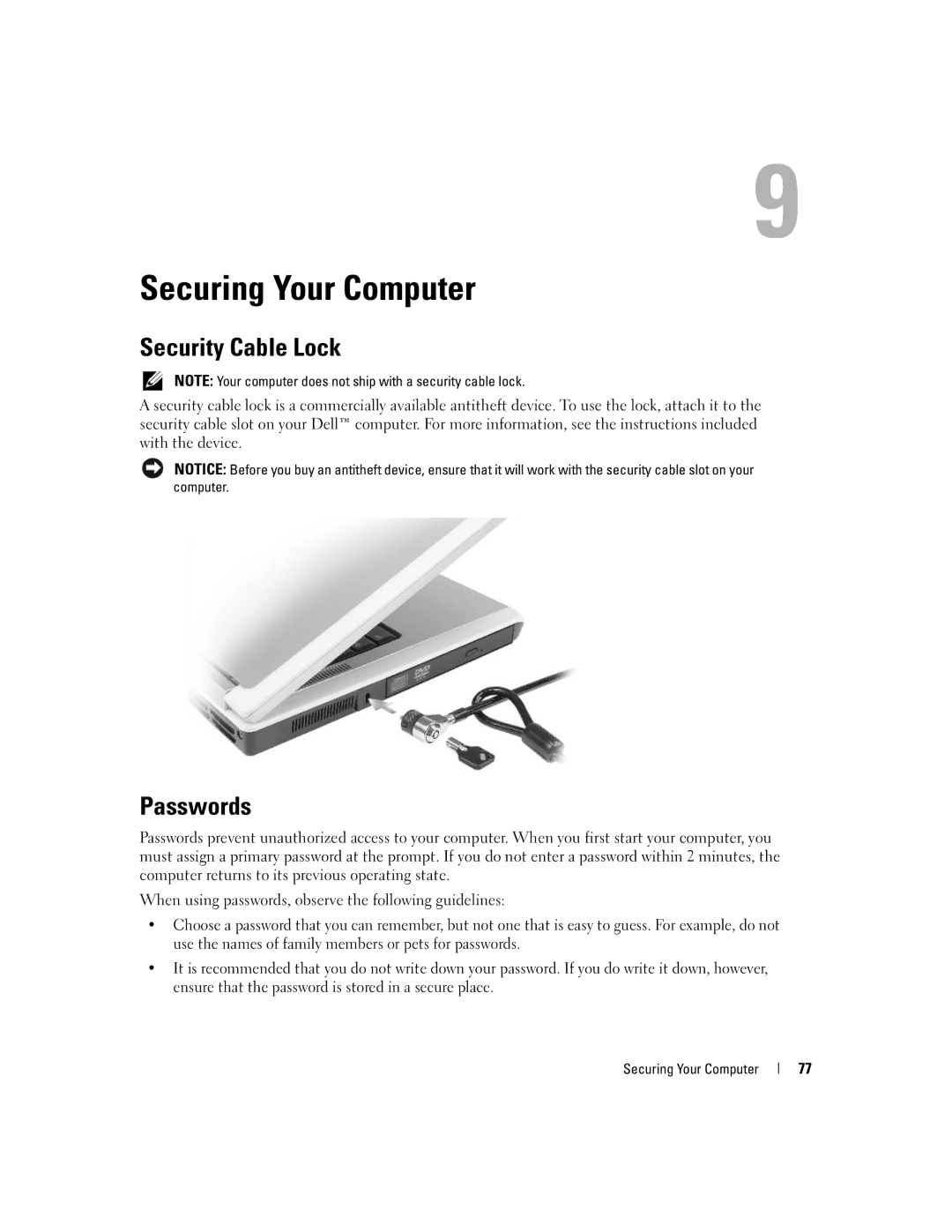 Dell E1505, 6400 owner manual Securing Your Computer, Security Cable Lock, Passwords 