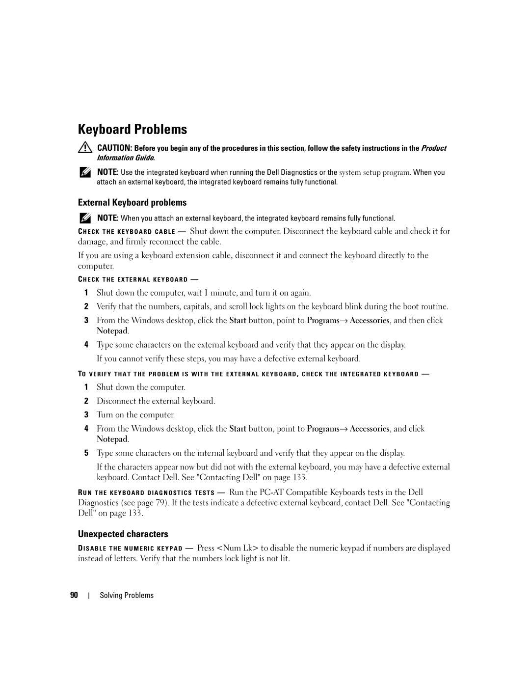 Dell 6400, E1505 owner manual Keyboard Problems, External Keyboard problems, Unexpected characters 