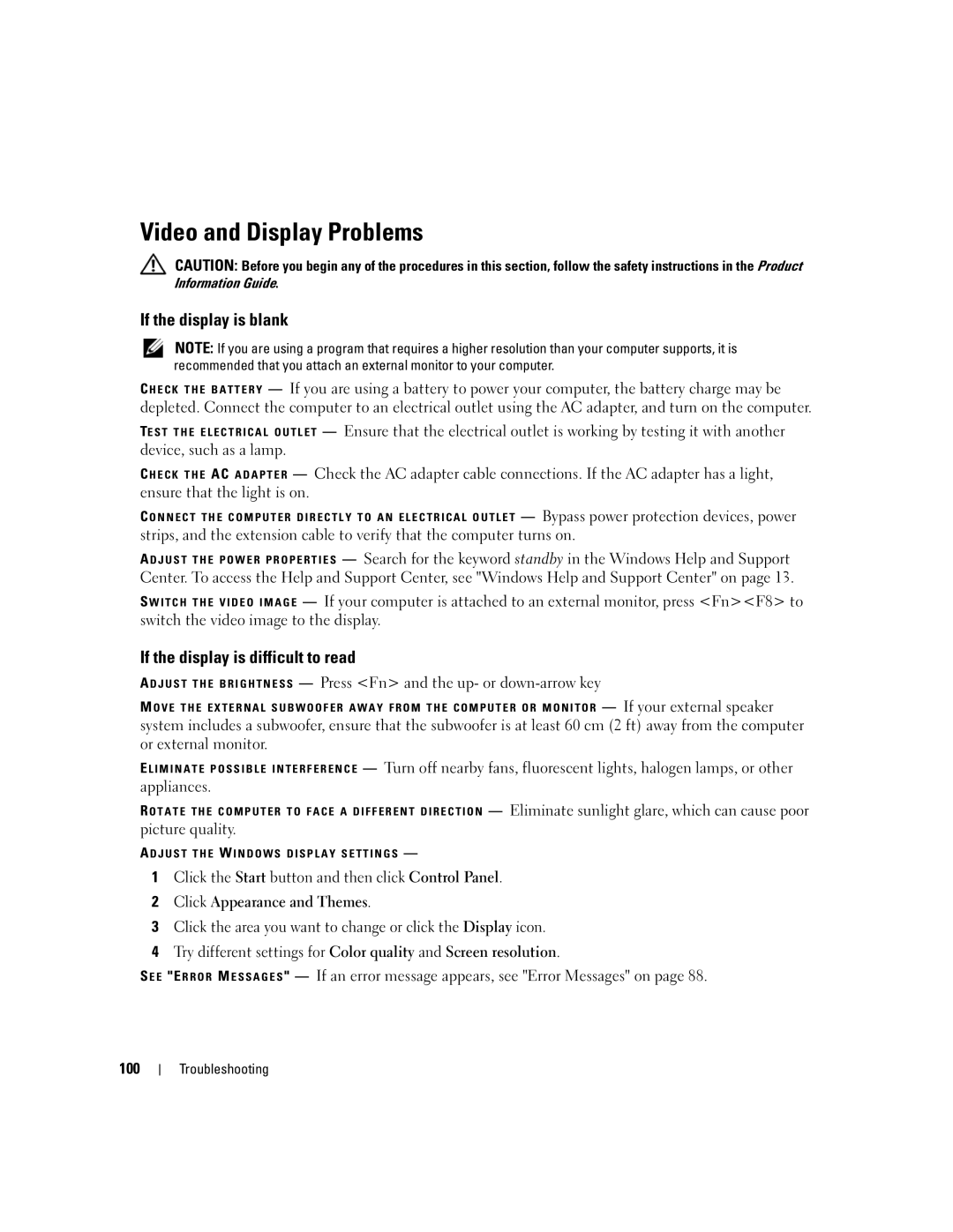 Dell 640M, E1405 owner manual Video and Display Problems, If the display is blank, If the display is difficult to read, 100 