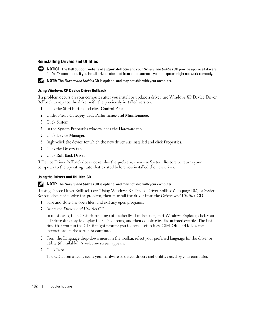 Dell 640M Reinstalling Drivers and Utilities, Using Windows XP Device Driver Rollback, Using the Drivers and Utilities CD 