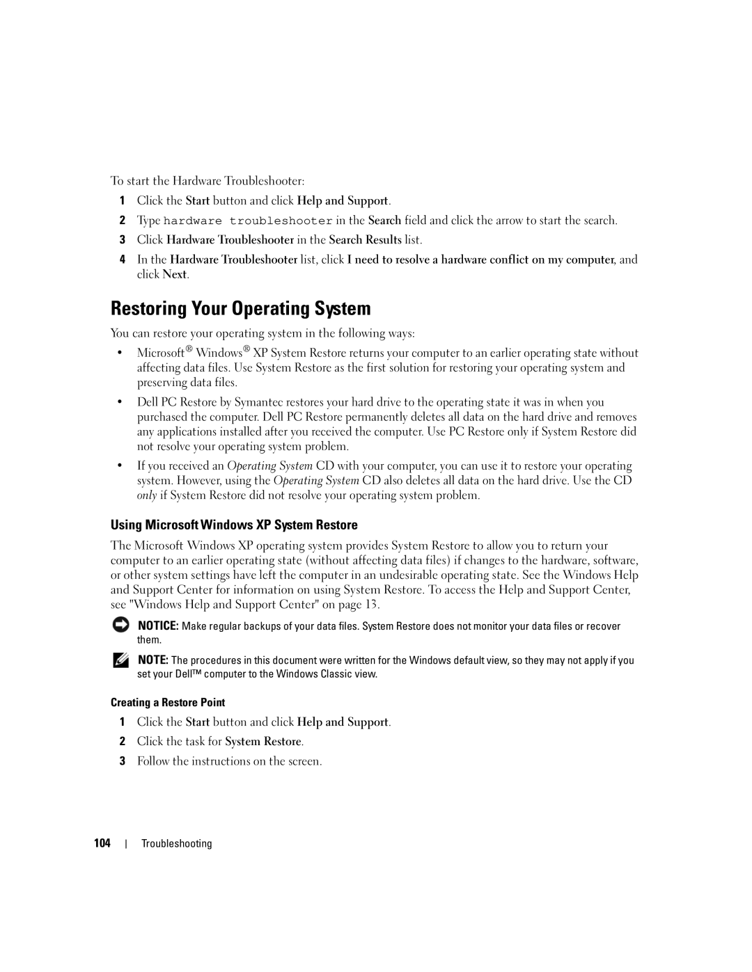 Dell 640M, E1405 owner manual Restoring Your Operating System, Using Microsoft Windows XP System Restore 