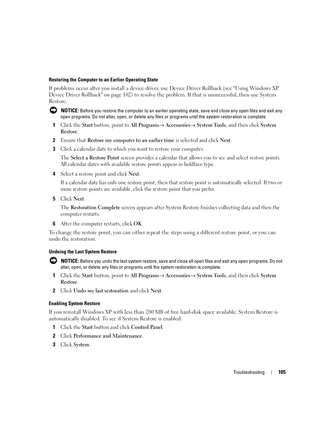 Dell E1405, 640M owner manual Restoring the Computer to an Earlier Operating State, 105 