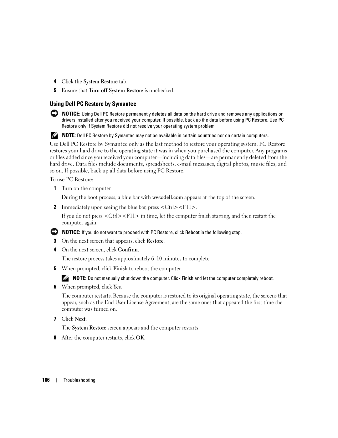 Dell 640M, E1405 owner manual Using Dell PC Restore by Symantec 