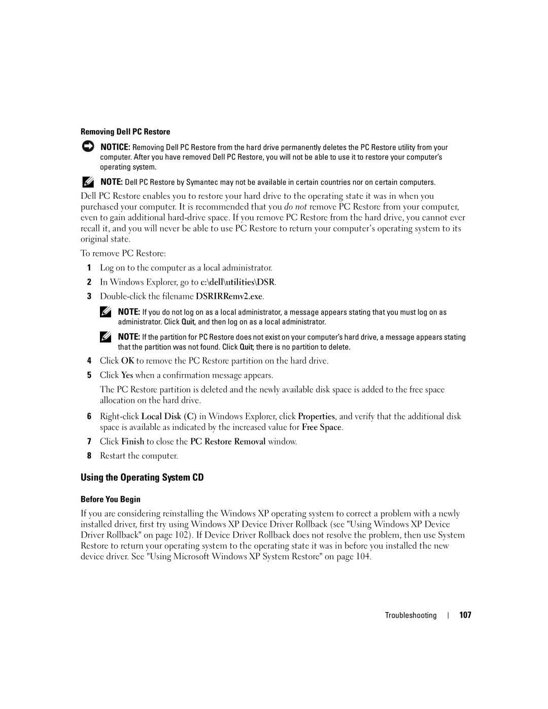 Dell E1405, 640M owner manual Using the Operating System CD, Removing Dell PC Restore, Before You Begin, 107 