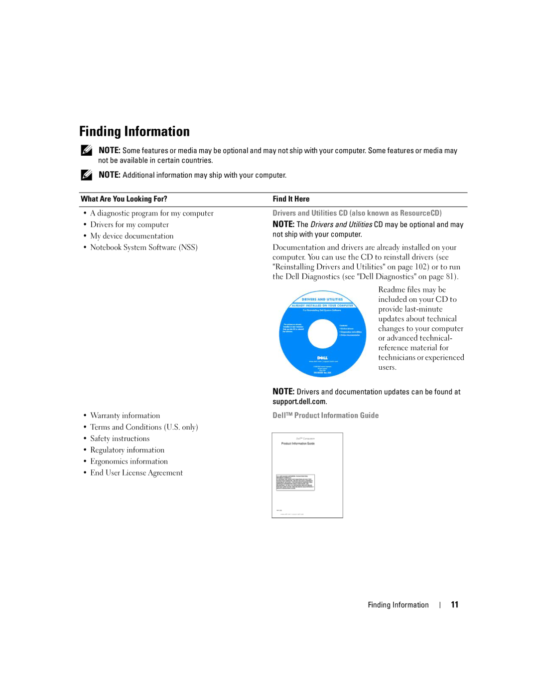 Dell E1405, 640M owner manual Finding Information, Support.dell.com, Warranty information 