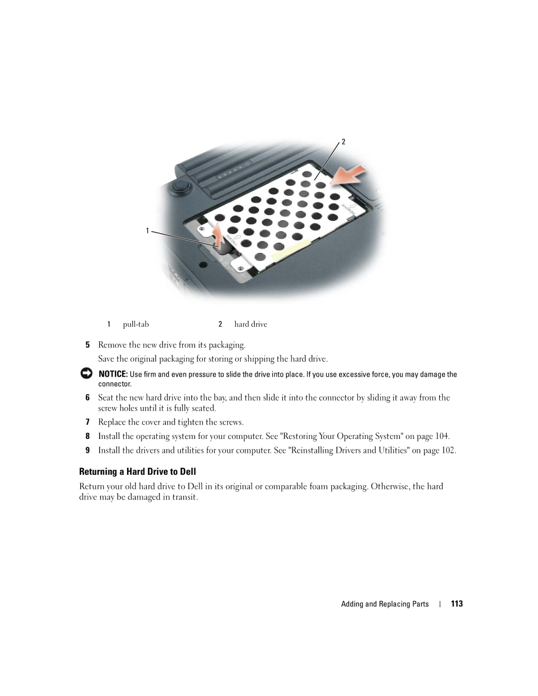 Dell E1405, 640M owner manual Returning a Hard Drive to Dell, 113 