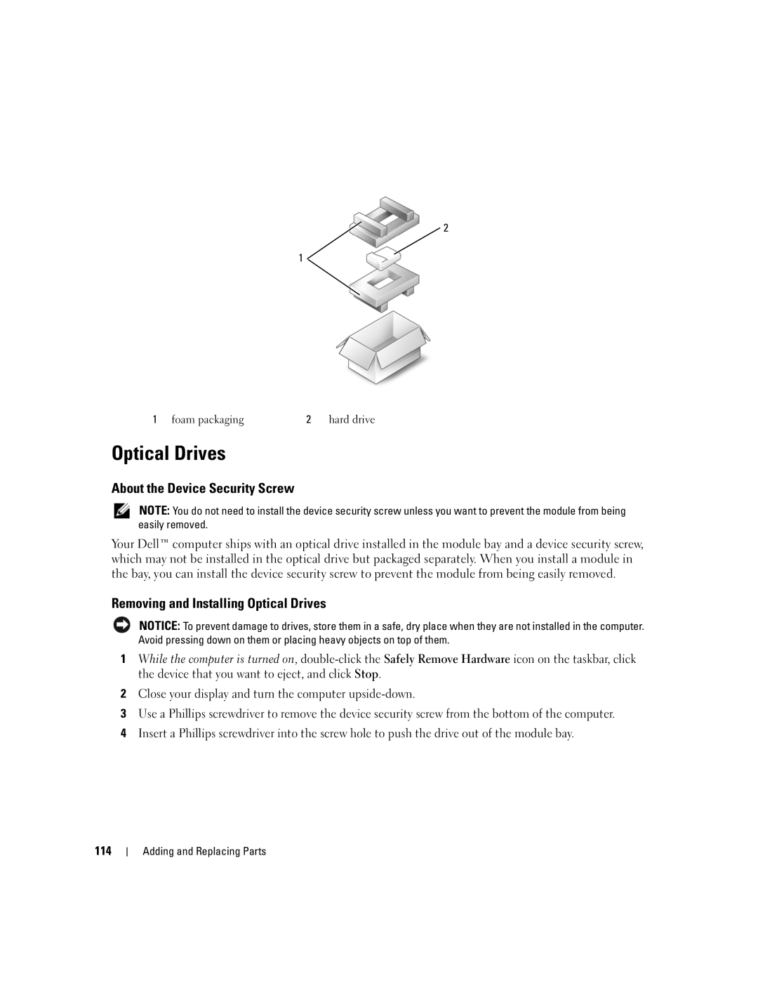 Dell 640M, E1405 owner manual About the Device Security Screw, Removing and Installing Optical Drives 