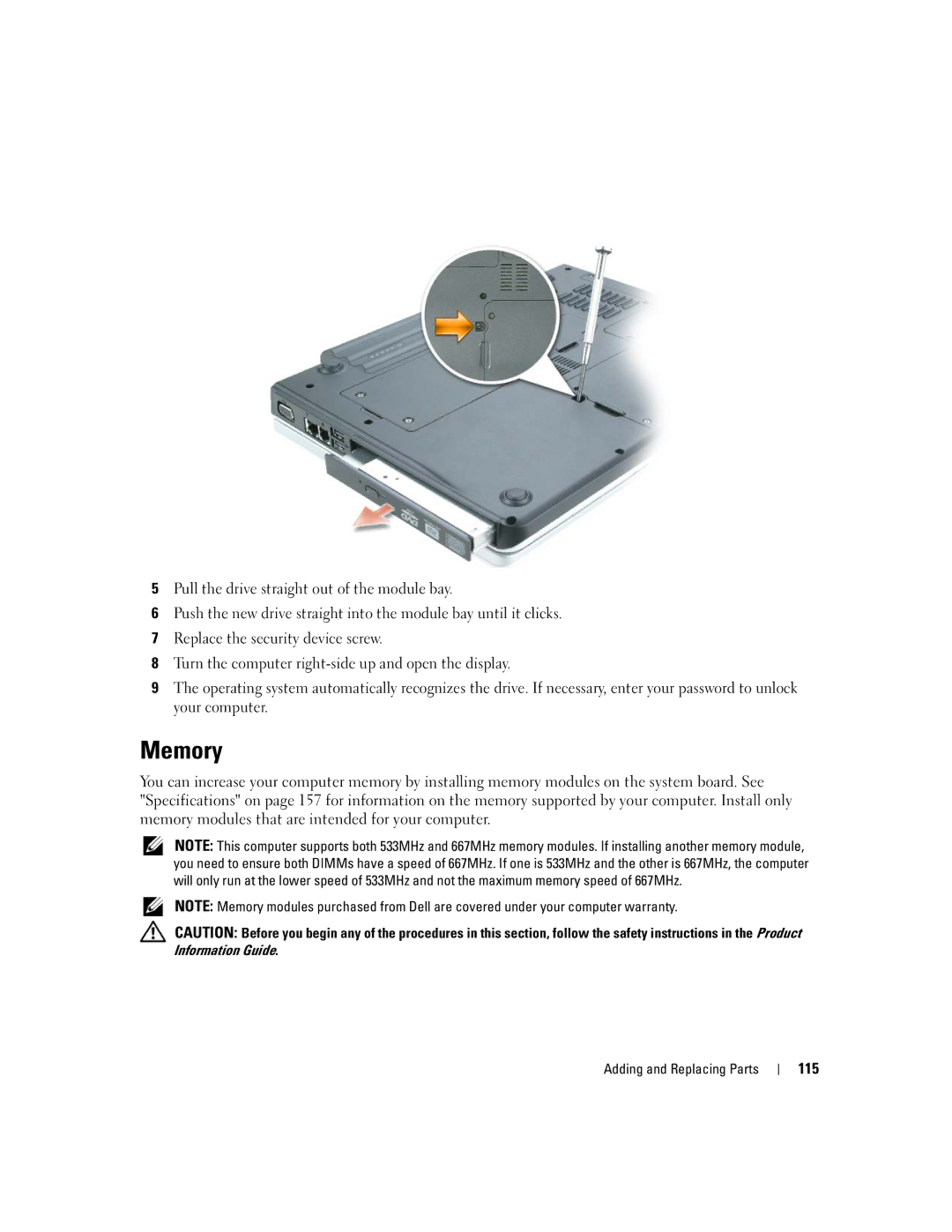 Dell E1405, 640M owner manual Memory, 115 