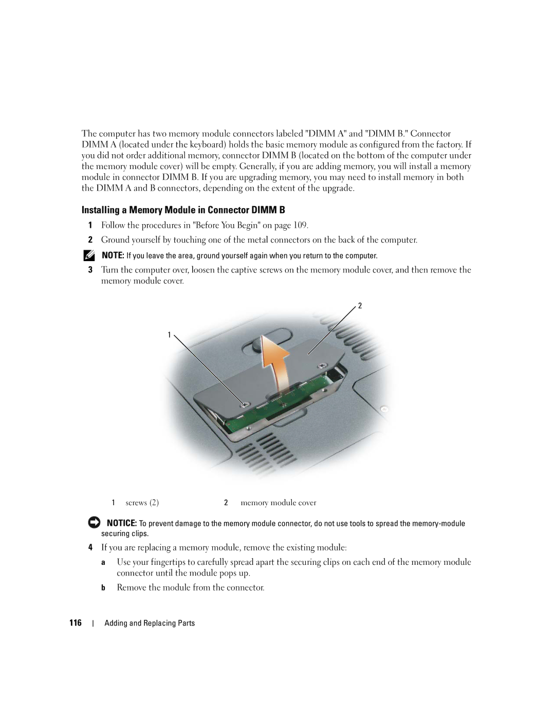 Dell 640M, E1405 owner manual Installing a Memory Module in Connector Dimm B 