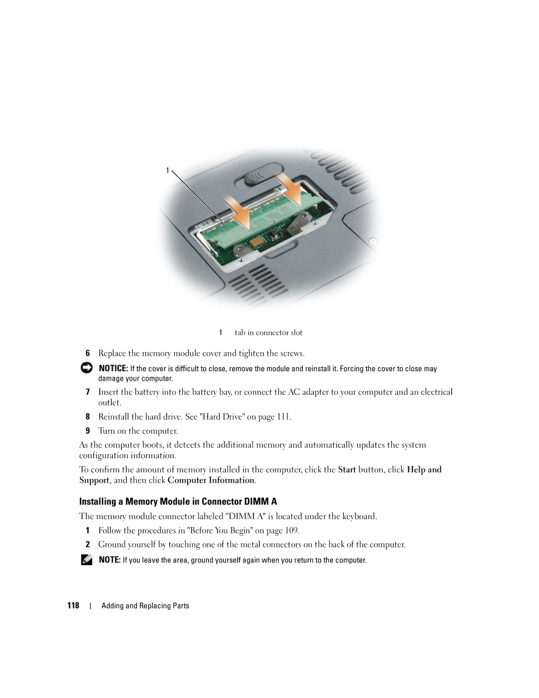 Dell 640M, E1405 owner manual Installing a Memory Module in Connector Dimm a 