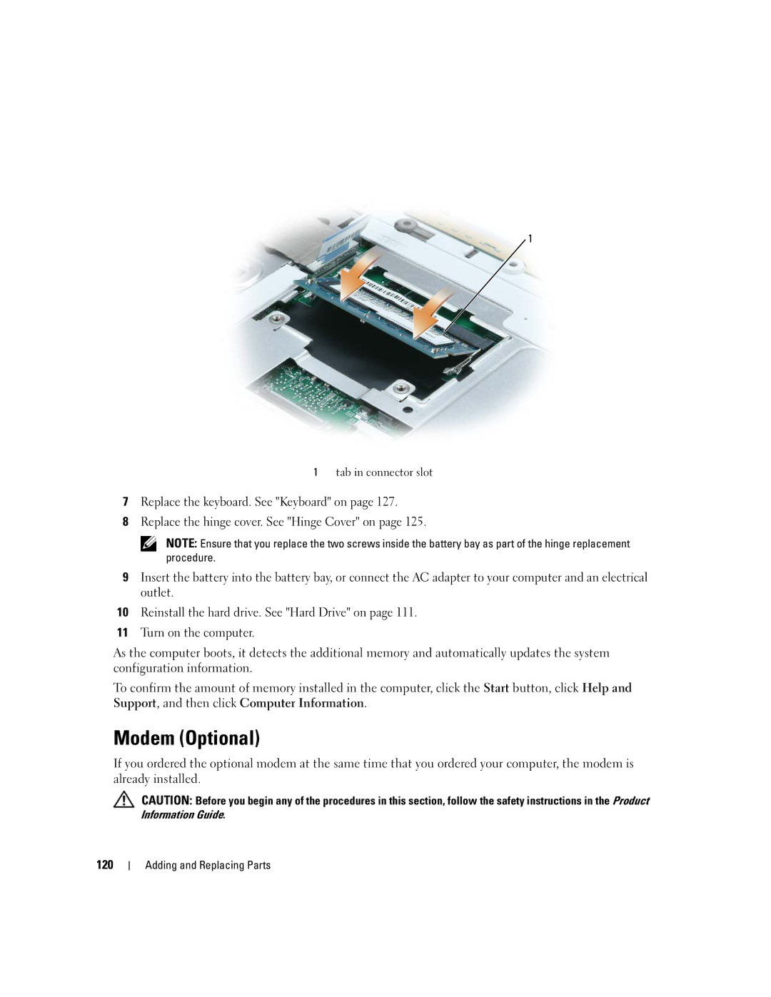 Dell 640M, E1405 owner manual Modem Optional, 120 