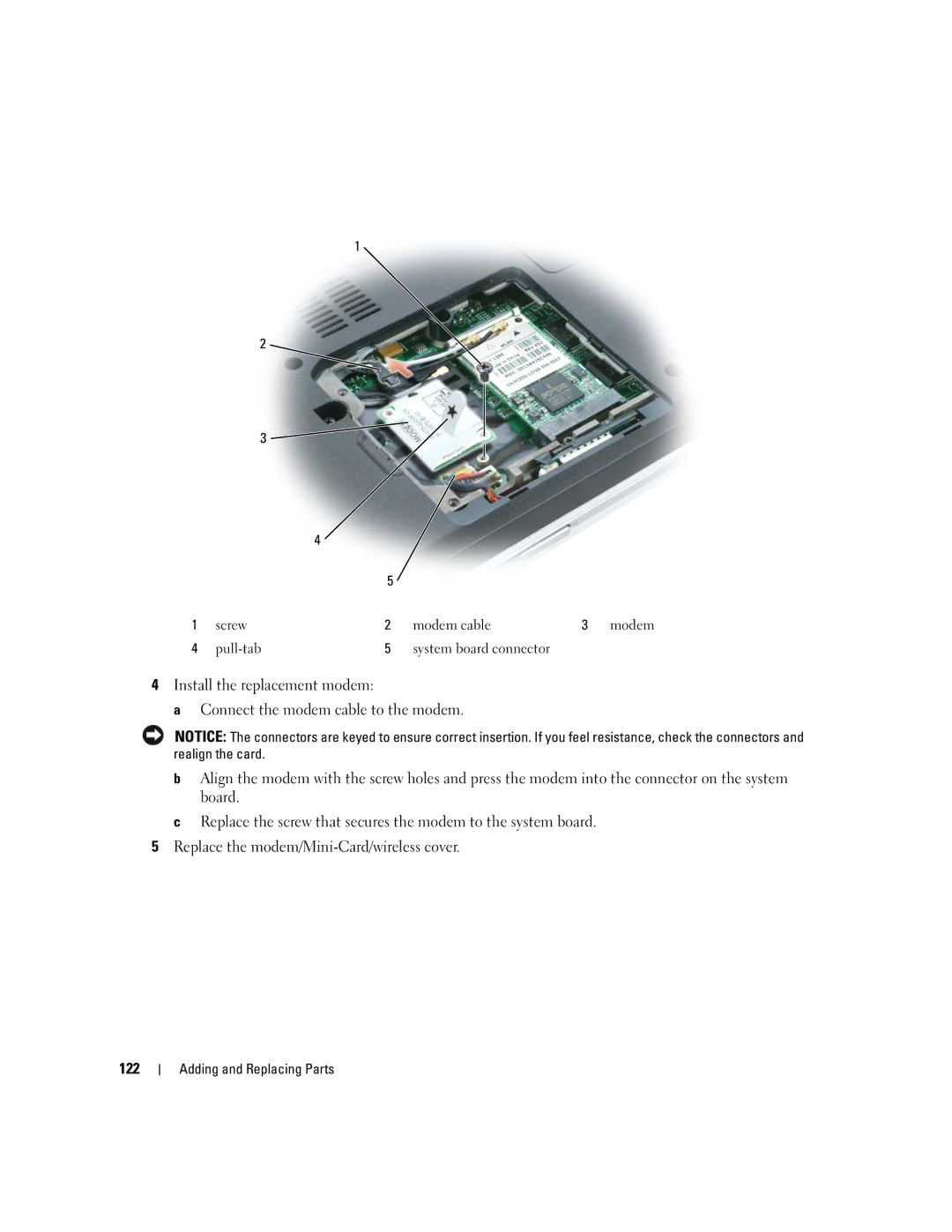 Dell 640M, E1405 owner manual Screw Modem cable Pull-tab System board connector 