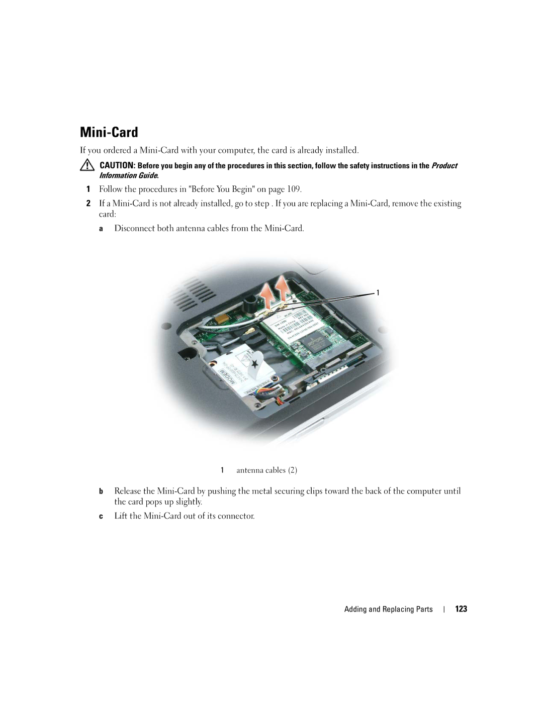 Dell E1405, 640M owner manual Mini-Card, 123 