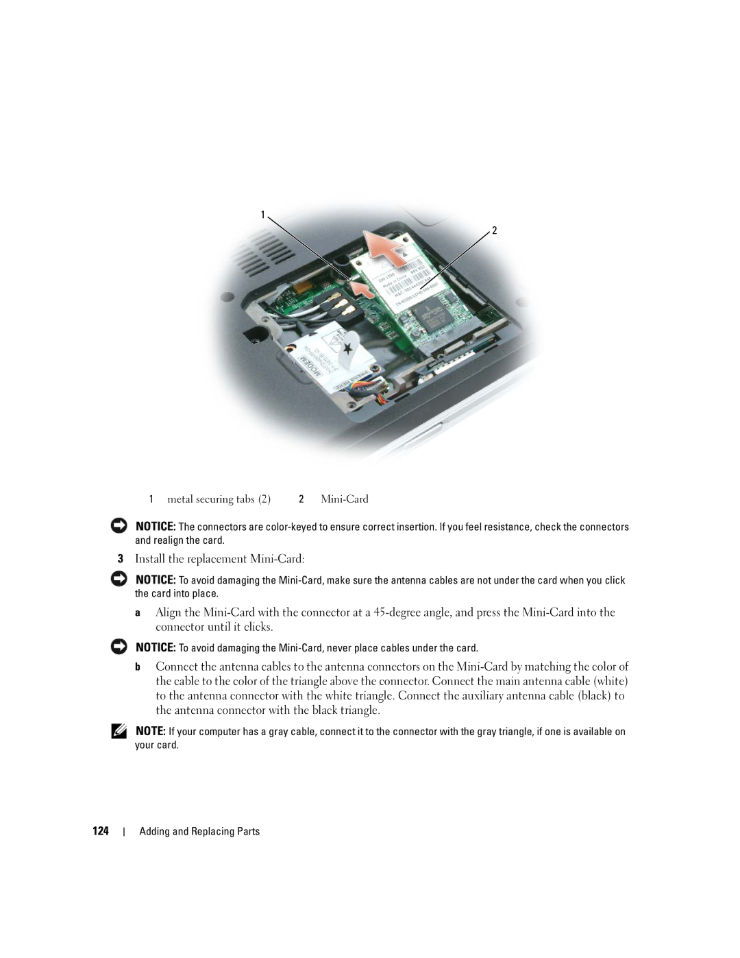 Dell 640M, E1405 owner manual Metal securing tabs Mini-Card 