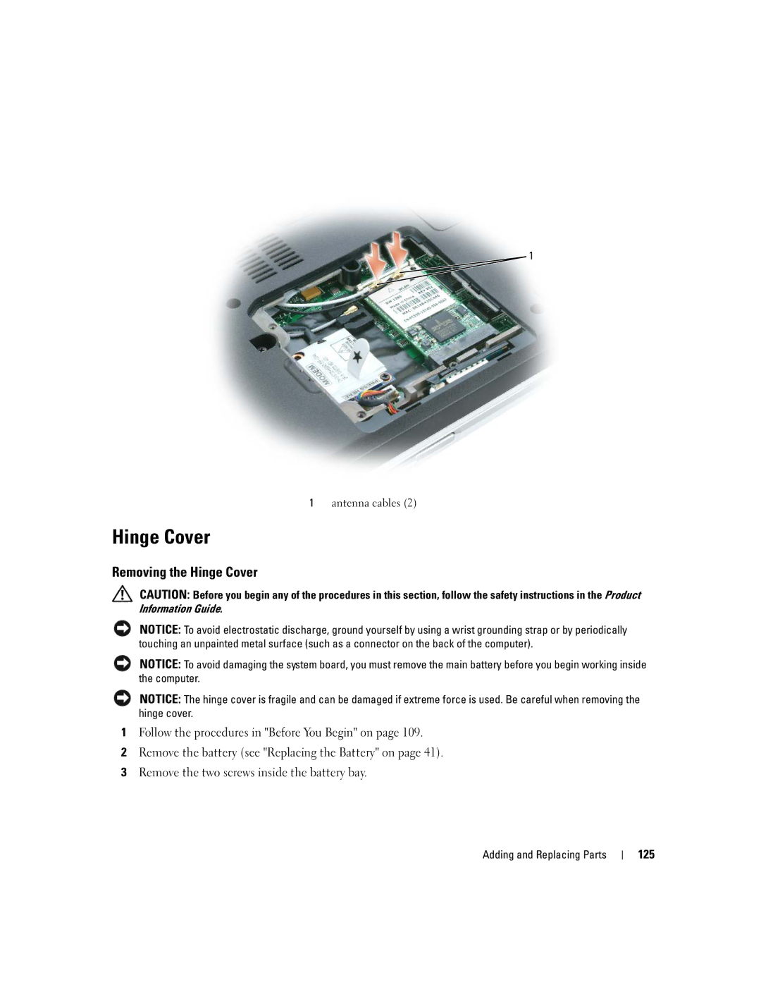 Dell E1405, 640M owner manual Removing the Hinge Cover, 125 