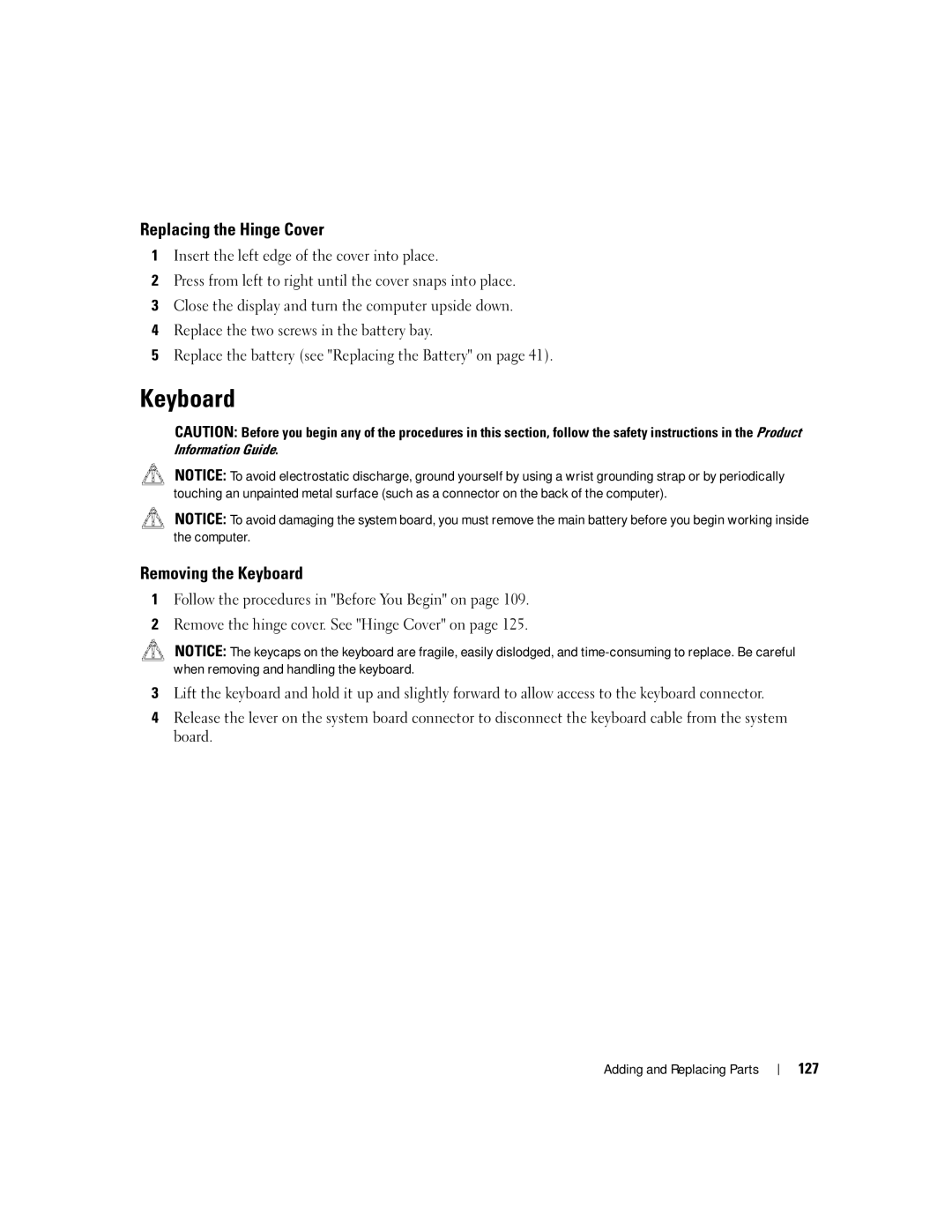 Dell E1405, 640M owner manual Replacing the Hinge Cover, Removing the Keyboard, 127 