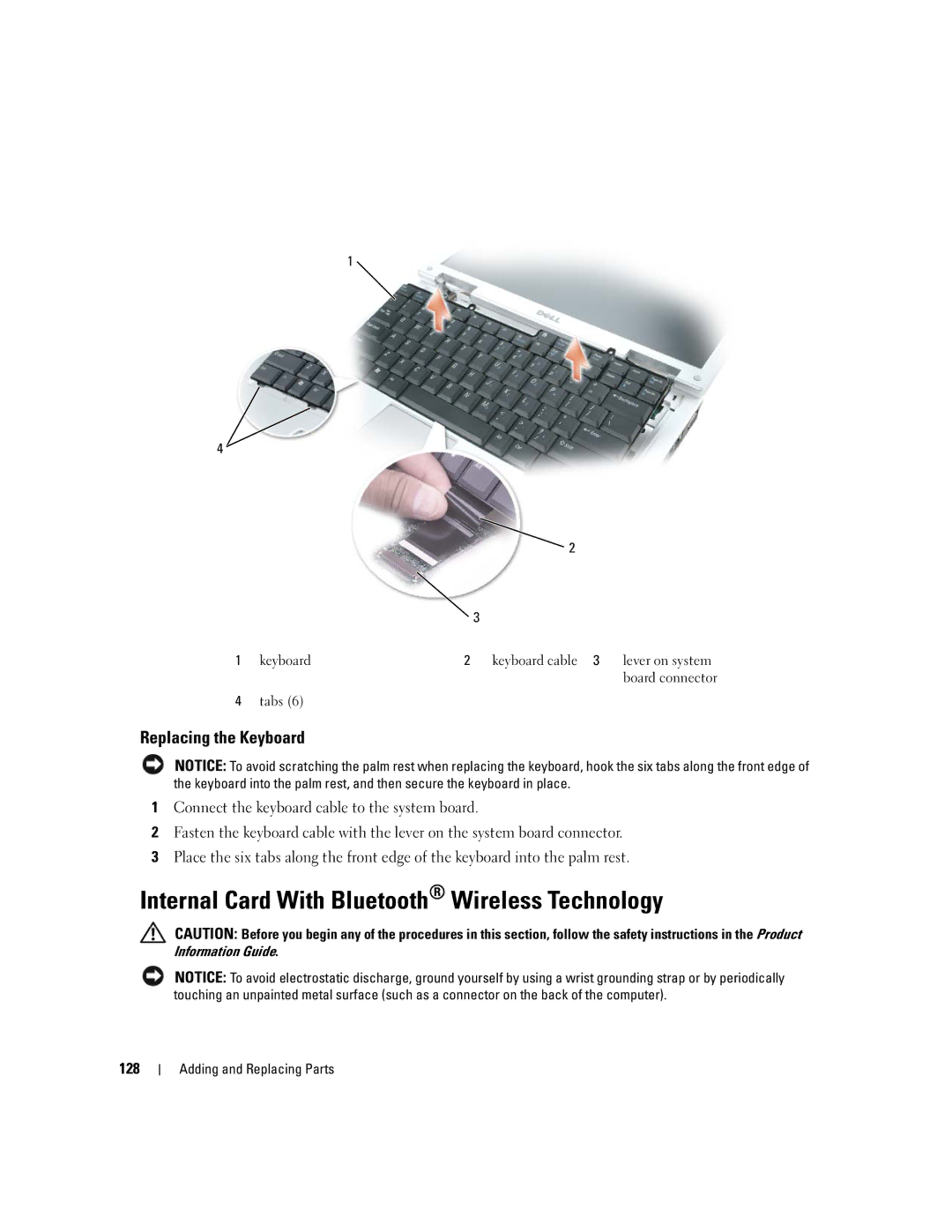 Dell 640M, E1405 owner manual Internal Card With Bluetooth Wireless Technology, Replacing the Keyboard, 128 