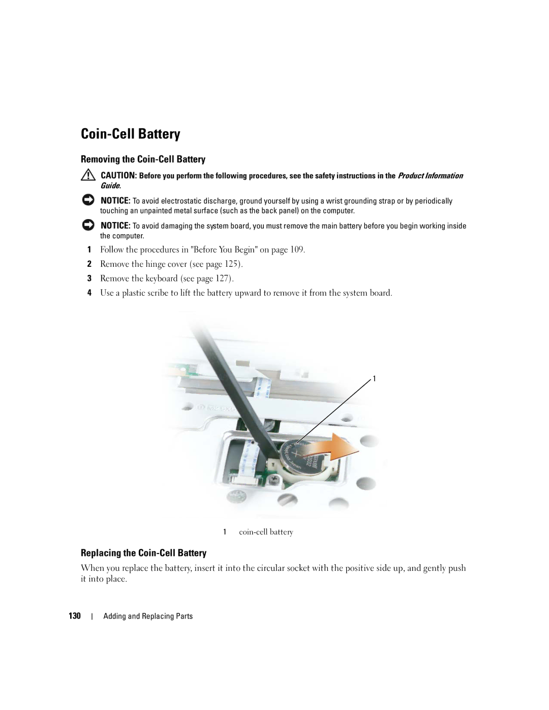 Dell 640M, E1405 owner manual Removing the Coin-Cell Battery, Replacing the Coin-Cell Battery, 130 