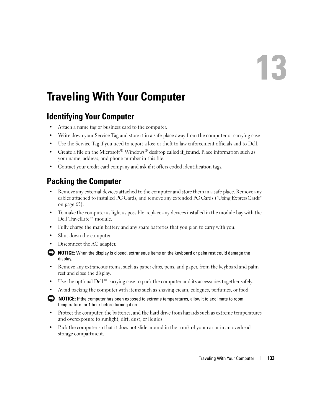 Dell E1405, 640M owner manual Traveling With Your Computer, Identifying Your Computer, Packing the Computer, 133 