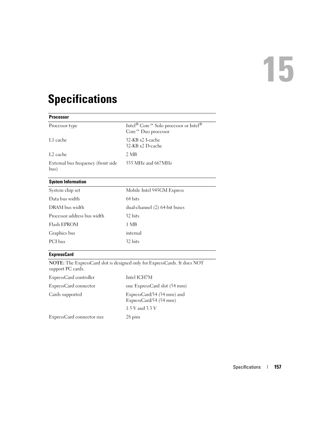 Dell E1405, 640M owner manual Specifications, 157 