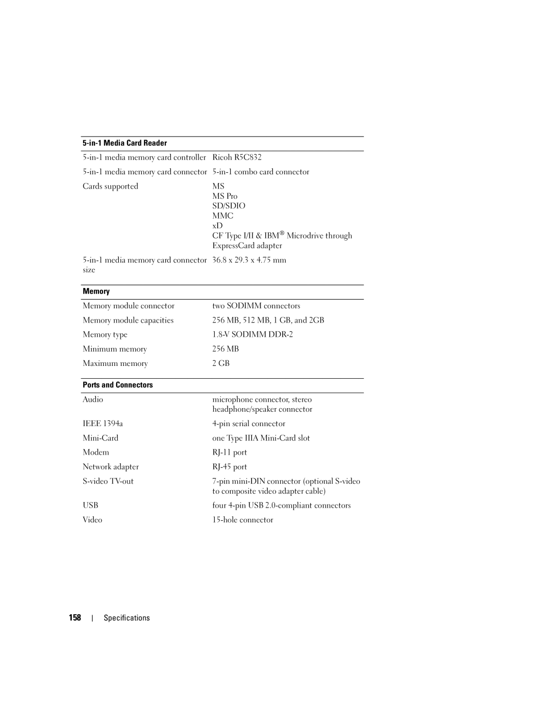 Dell 640M, E1405 owner manual 158, In-1 Media Card Reader, Memory, Ports and Connectors 