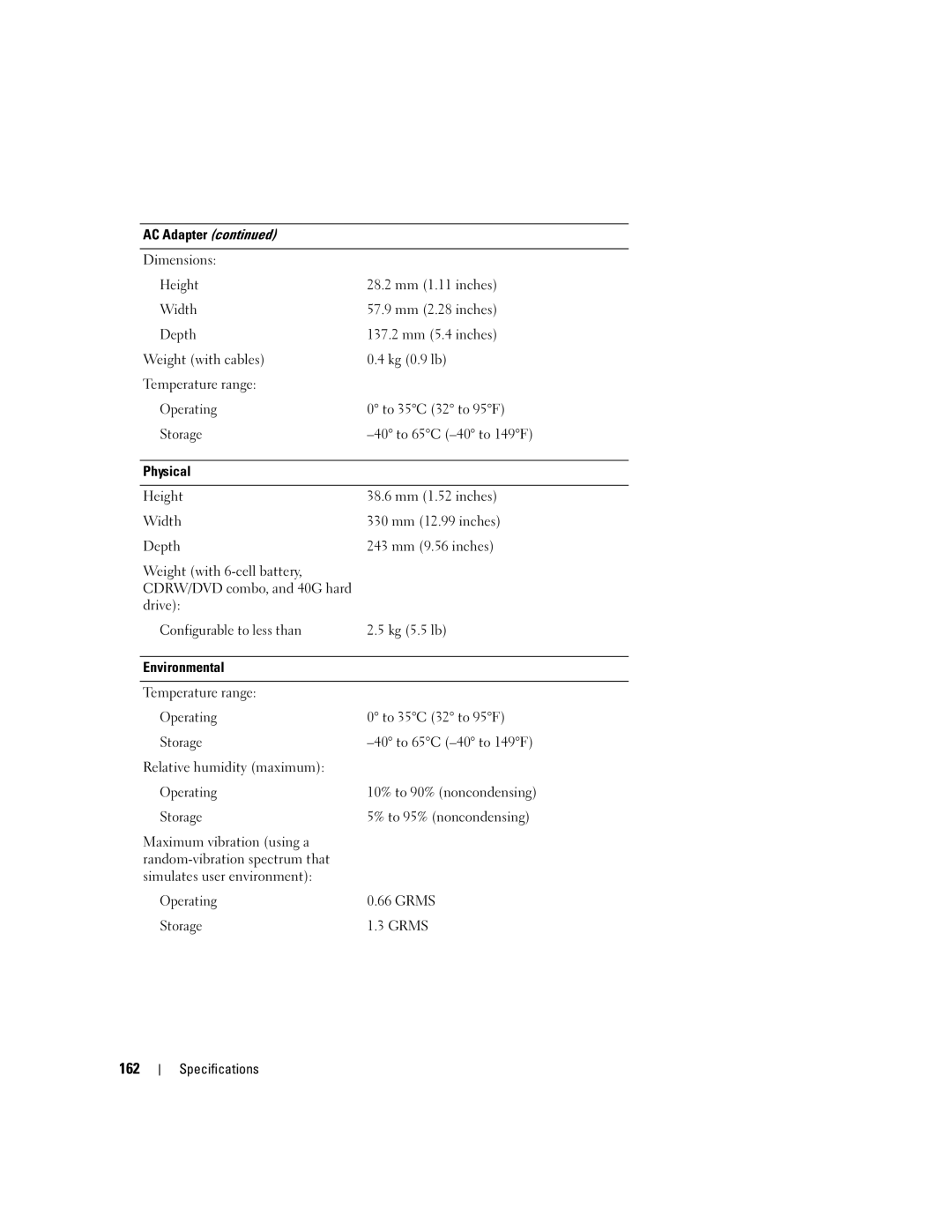 Dell 640M, E1405 owner manual 162, Physical, Environmental 