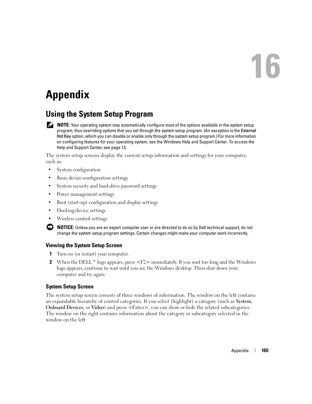 Dell E1405, 640M owner manual Appendix, Using the System Setup Program, Viewing the System Setup Screen, 165 