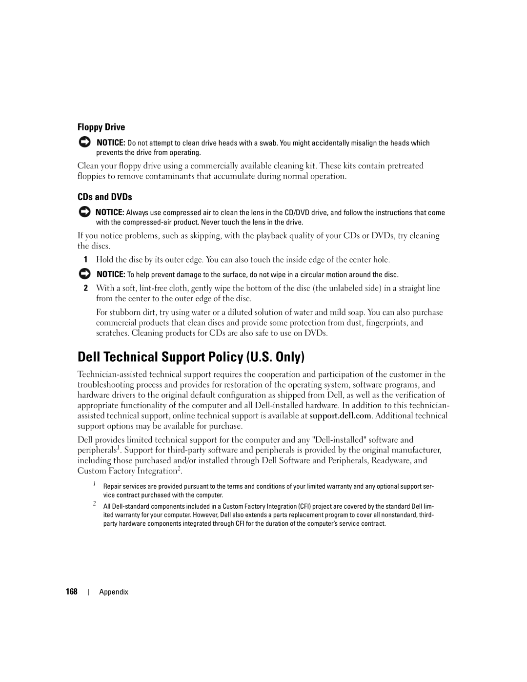 Dell 640M, E1405 owner manual Dell Technical Support Policy U.S. Only, Floppy Drive, CDs and DVDs, 168 