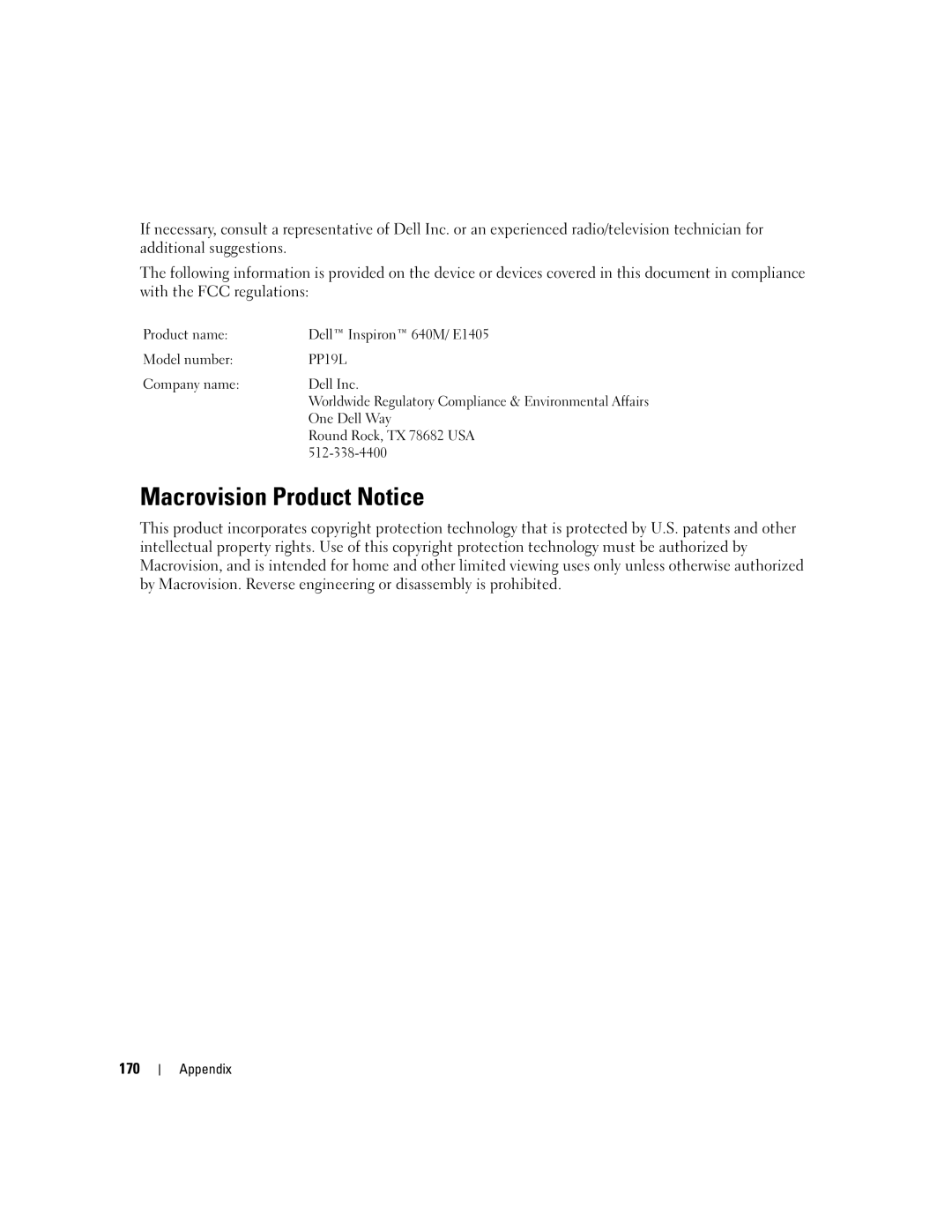 Dell 640M, E1405 owner manual Macrovision Product Notice, 170 