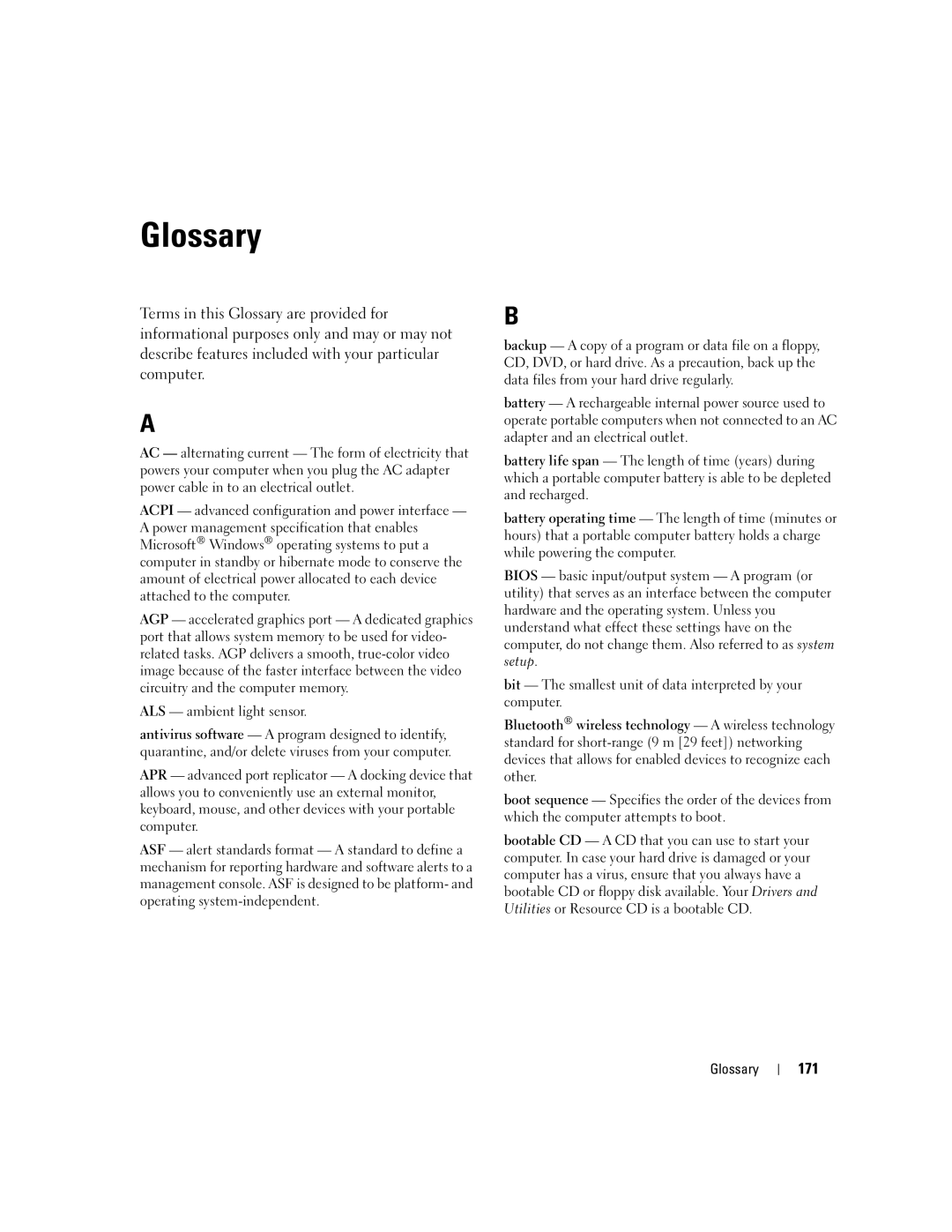 Dell E1405, 640M owner manual Glossary, 171 