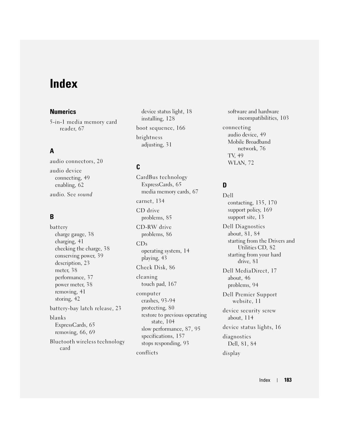 Dell E1405, 640M owner manual Index, 183 