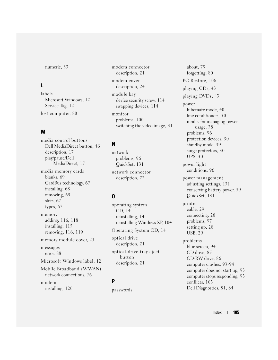 Dell E1405, 640M owner manual 185 