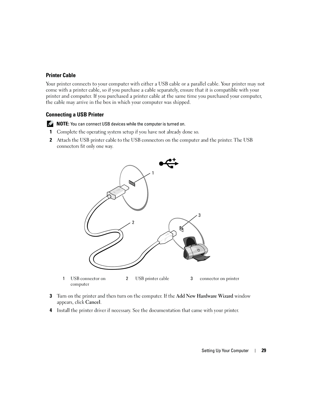 Dell E1405, 640M owner manual Printer Cable, Connecting a USB Printer 