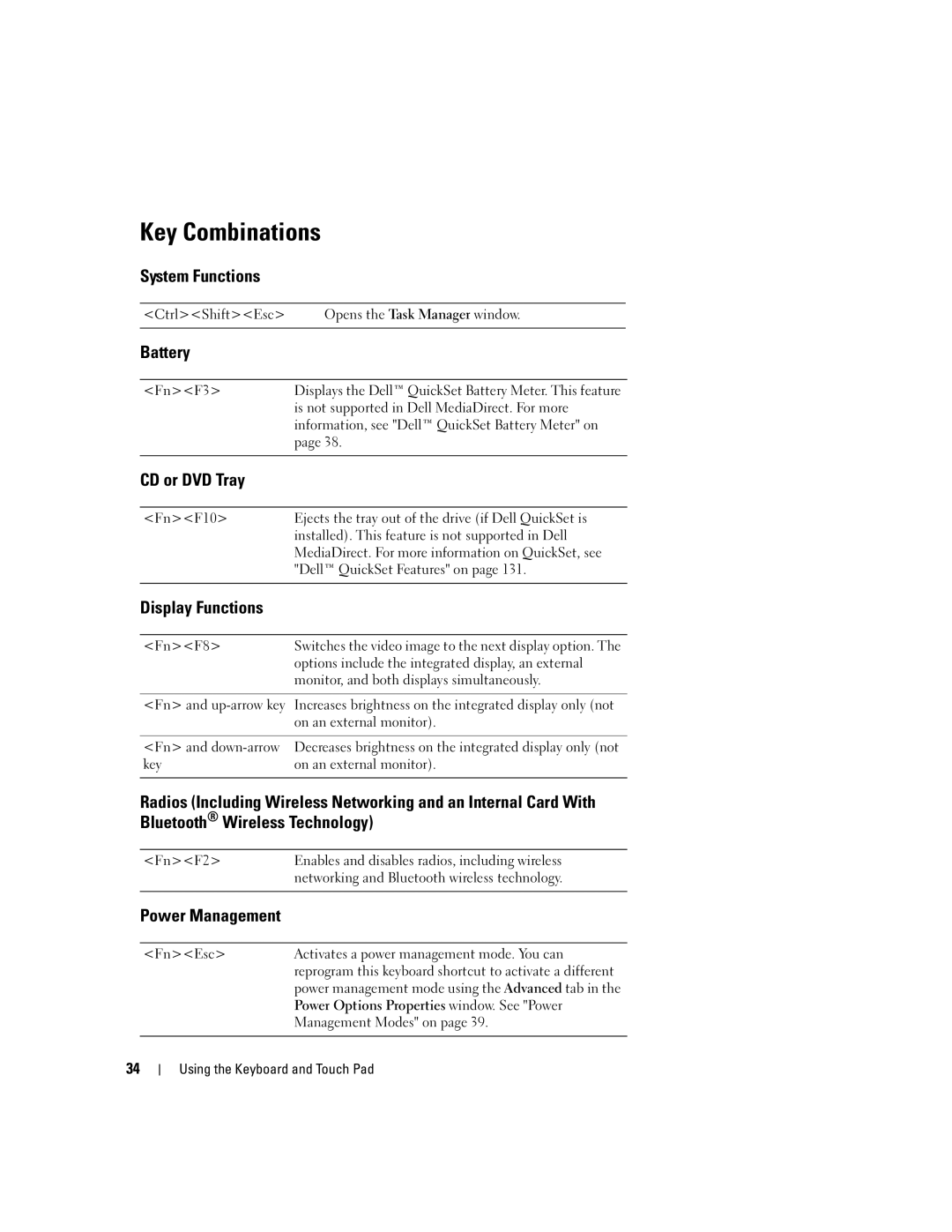 Dell 640M, E1405 owner manual Key Combinations 