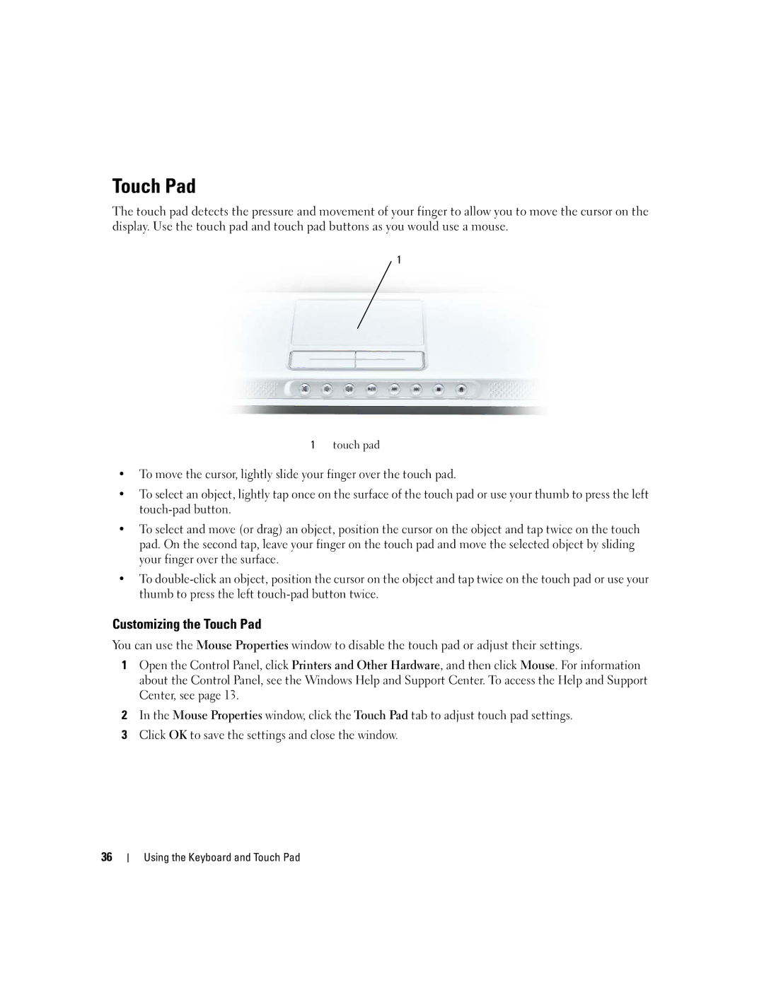 Dell 640M, E1405 owner manual Customizing the Touch Pad 