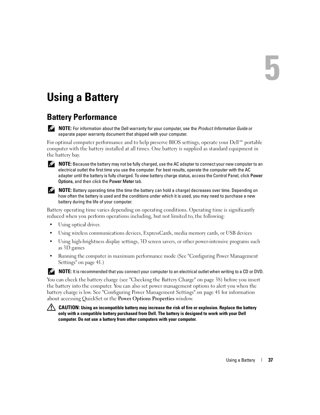 Dell E1405, 640M owner manual Using a Battery, Battery Performance 