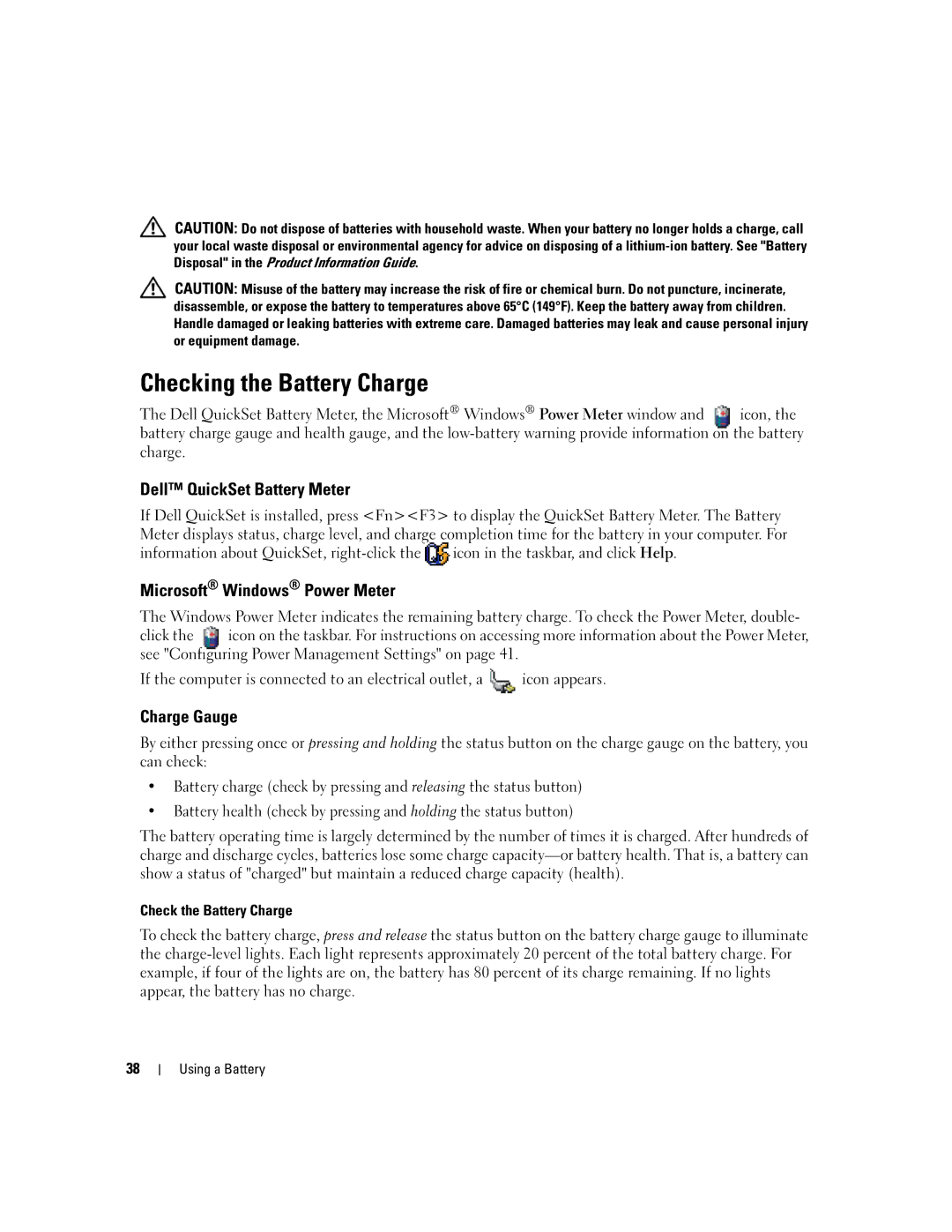 Dell 640M, E1405 Checking the Battery Charge, Dell QuickSet Battery Meter, Microsoft Windows Power Meter, Charge Gauge 