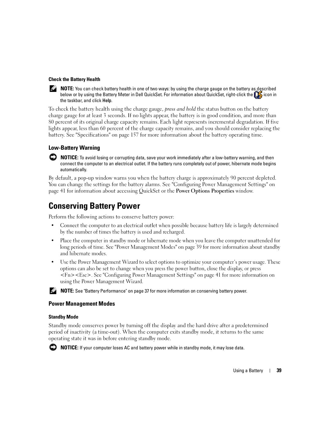 Dell E1405 Conserving Battery Power, Low-Battery Warning, Power Management Modes, Check the Battery Health, Standby Mode 